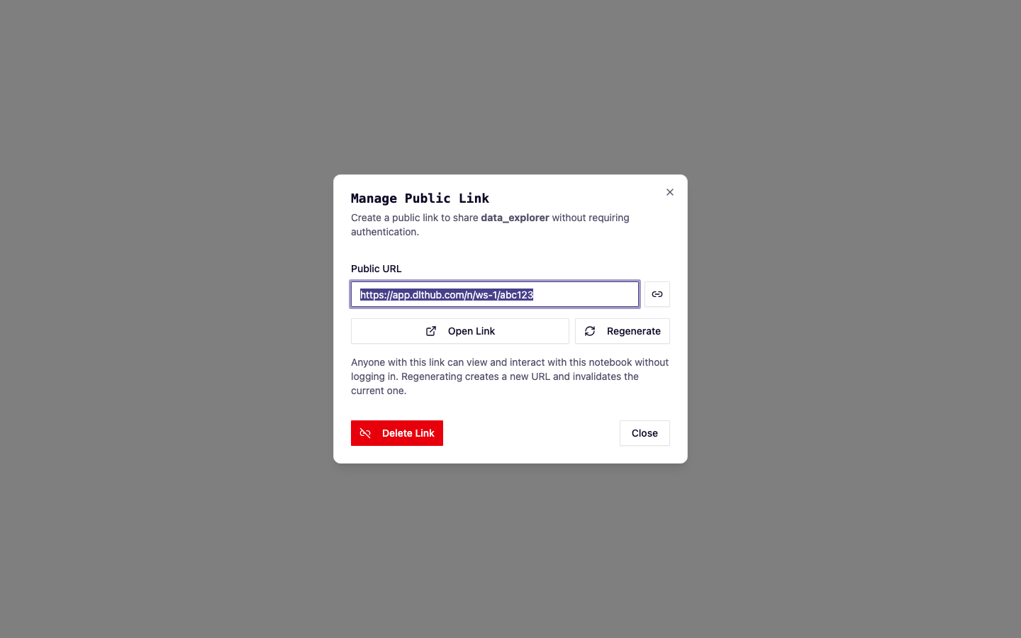 Public link dialog