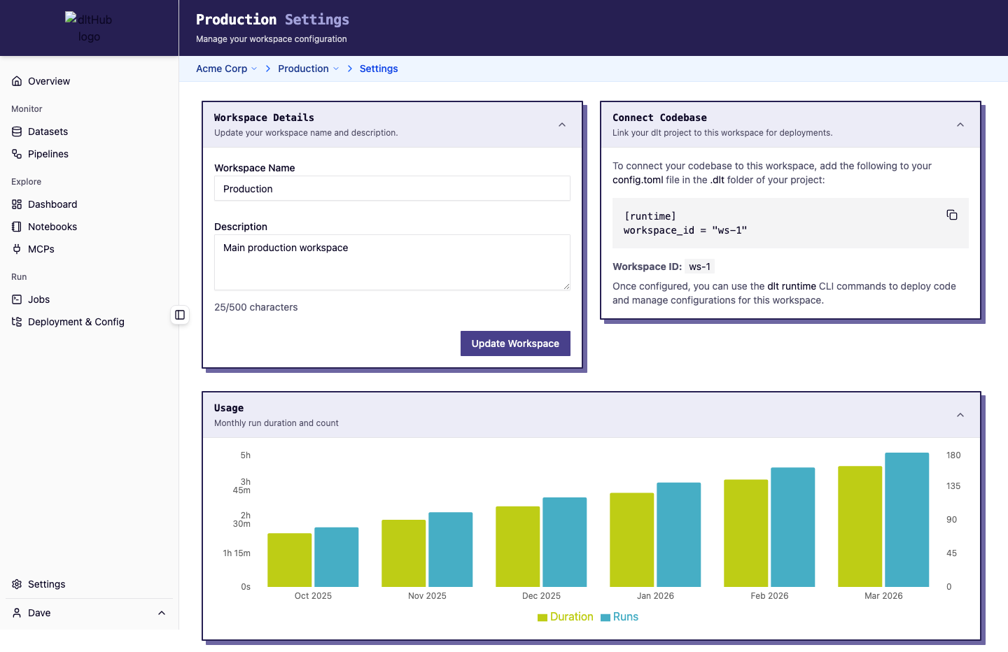 Settings page